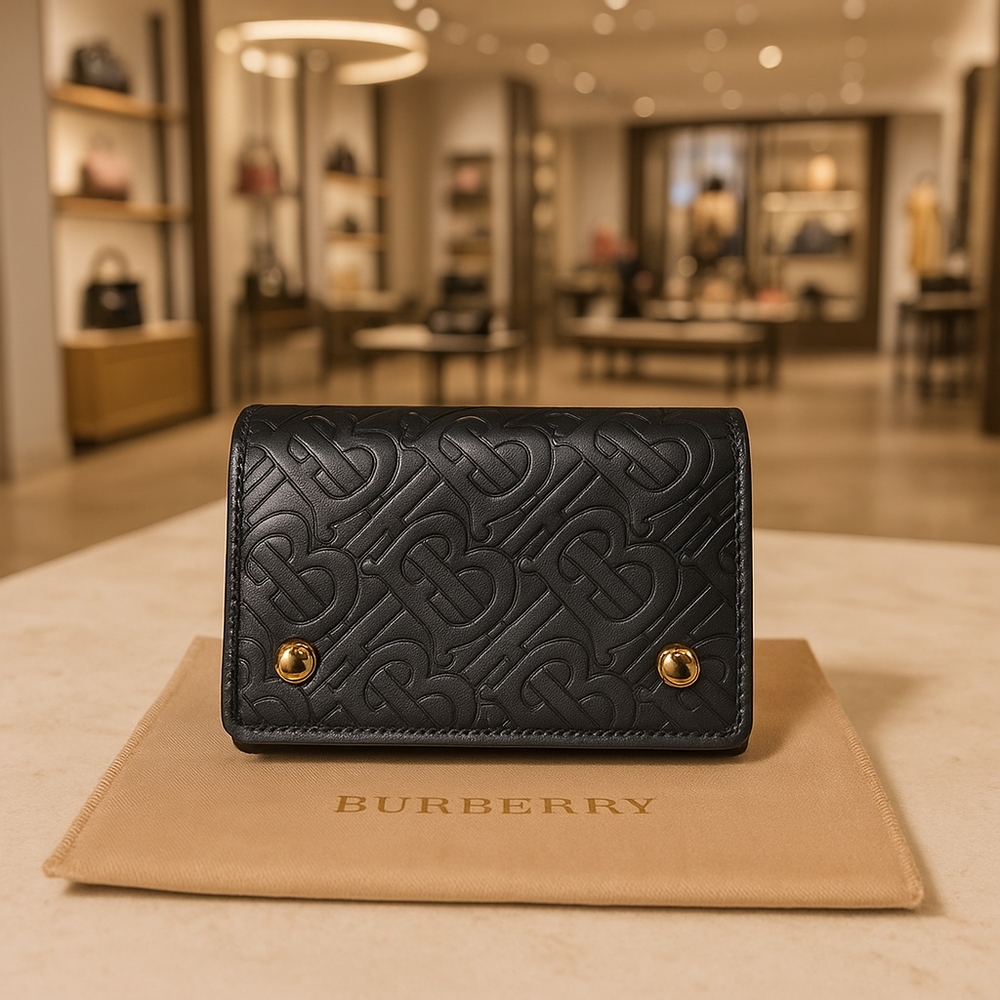 Burberry Embossed Black Wallet with Gold Details